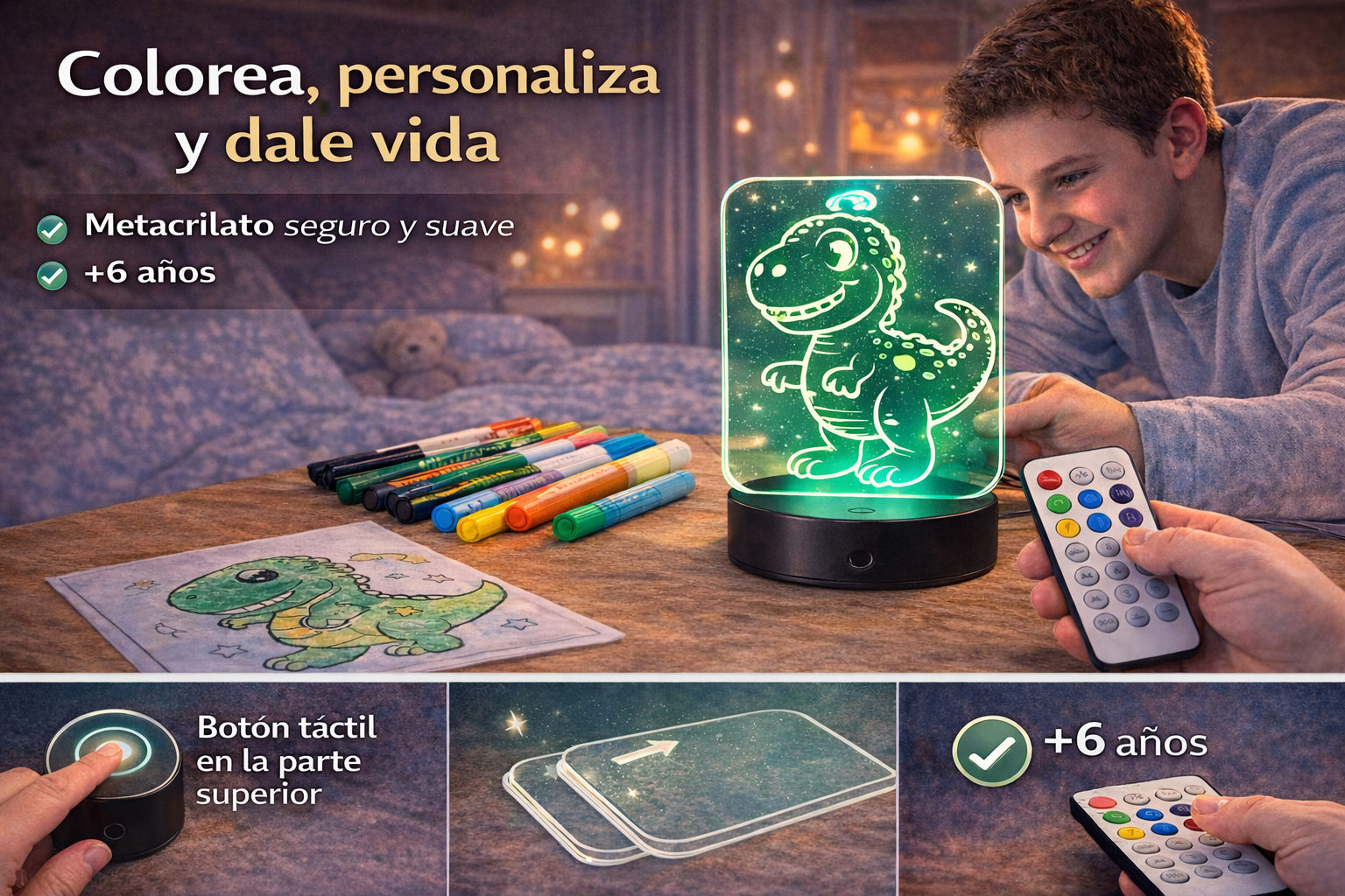 Kit Creativo Infantil con Lámpara LED – 4 Placas de Metacrilato para Colorear, 8 Rotuladores Fluorescentes, 1 Base LED Táctil con Mando – 6+ (Unicornios)