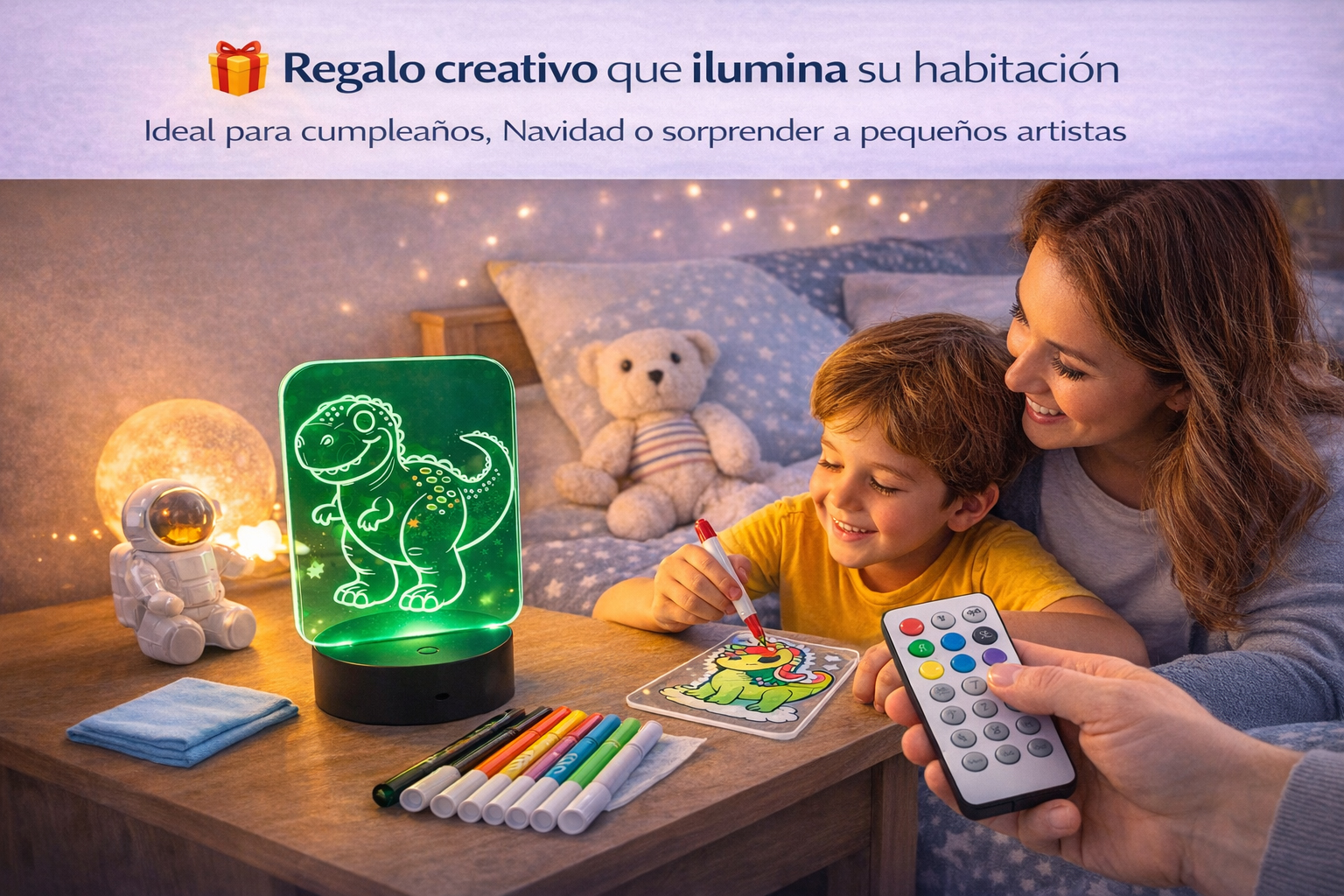 Kit Creativo Infantil con Lámpara LED – 4 Placas de Metacrilato para Colorear, 8 Rotuladores Fluorescentes, 1 Base LED Táctil con Mando – 6+ (Unicornios)