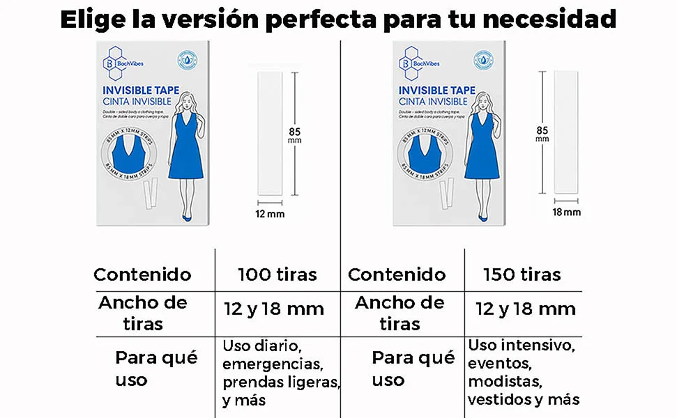 B BachVibes - Cinta Invisible de Doble Cara para Lencería, Ropa y Cuerpo. 100 o 150 Tiritas Transparentes Suaves con la Piel, Discretas y Cómodas para Escotes y Vestidos.