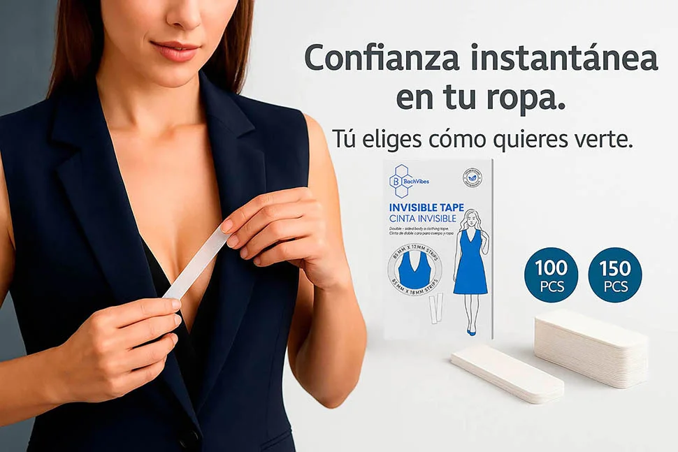 B BachVibes - Cinta Invisible de Doble Cara para Lencería, Ropa y Cuerpo. 100 o 150 Tiritas Transparentes Suaves con la Piel, Discretas y Cómodas para Escotes y Vestidos.
