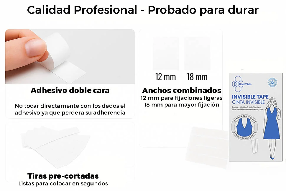 B BachVibes - Cinta Invisible de Doble Cara para Lencería, Ropa y Cuerpo. 100 o 150 Tiritas Transparentes Suaves con la Piel, Discretas y Cómodas para Escotes y Vestidos.