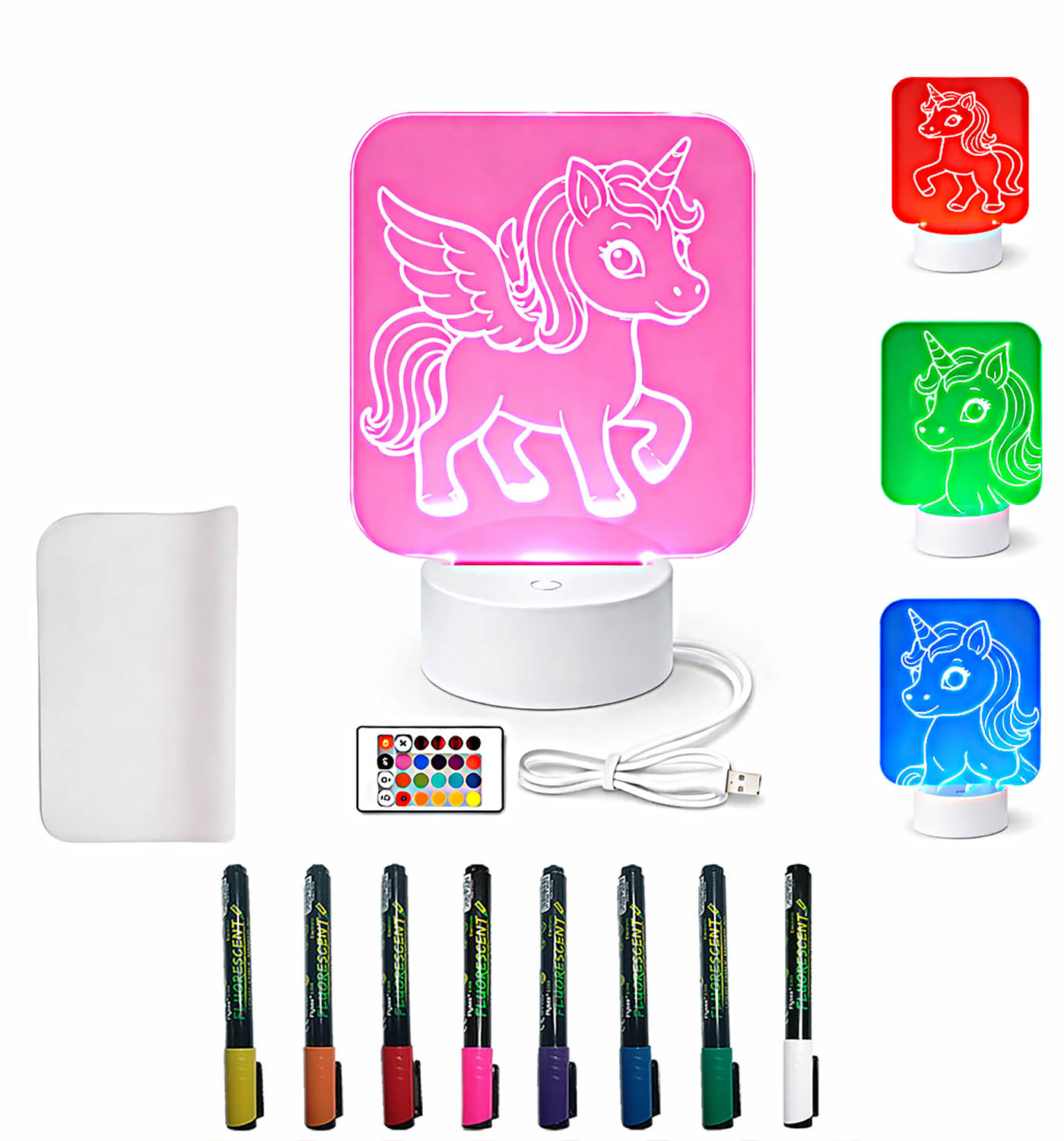 Kit Creativo Infantil con Lámpara LED – 4 Placas de Metacrilato para Colorear, 8 Rotuladores Fluorescentes, 1 Base LED Táctil con Mando – 6+ (Animales)