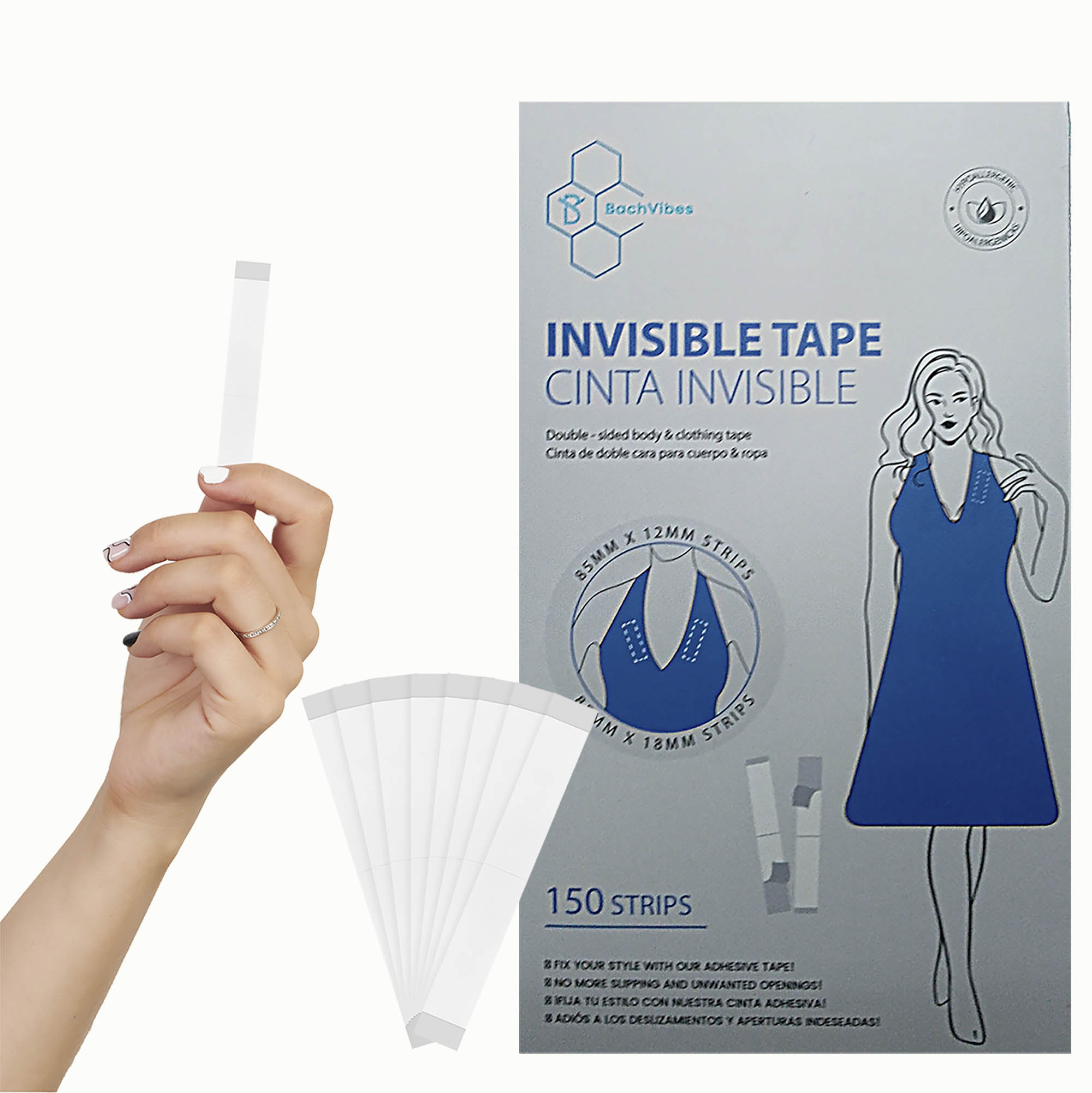 B BachVibes - Cinta Invisible de Doble Cara para Lencería, Ropa y Cuerpo. 100 o 150 Tiritas Transparentes Suaves con la Piel, Discretas y Cómodas para Escotes y Vestidos.